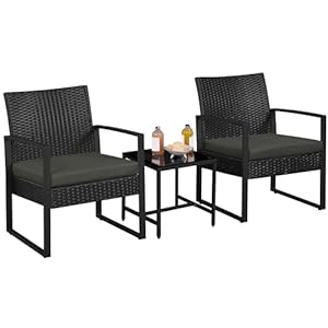 Yaheetech 3-Piece Rattan Garden Furniture Set, 2 Seater Chairs & 1 Table for Balcony with Cushions for House/Porch/Garden/Backyard... Use, Black/Gray