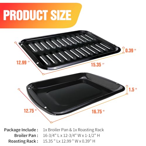 Broiler Pan 16.75\" x 12.75” Compatible With Whirlpool 4396923, Nonstick Porcelain Coated Broiling Pan for Oven, Withstands Heat up to 550° F, Rack Circulates Heat and Drains Fat replace 5304494997