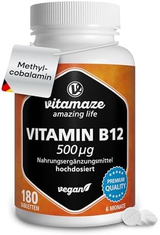 Vitamaze Vitamin B12 hochdosiert und vegan, Methylcobalamin, 500 mcg 180 Tabletten für 6 Monate Dauerversorgung, Natürliche Nahrungsergänzung ohne Zusatzstoffe, Made in Germany