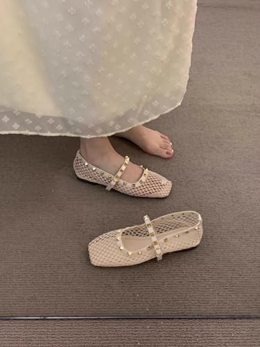 Fishnet Mary Jane Ballet Flats for Women Square Toe Studs Hollow Out Breathable Mesh Soft Sole Shoes Elegant Office Date3