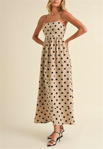 Image of Yuemengxuan Boho Maxi Dresses for Women Spaghetti Strap Flowy Smocked Long Dress Casual Summer Vacation Beach Maxi Dress