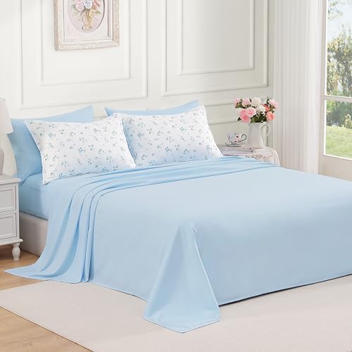 Image of Andency Floral Comforter Set, 7 Pieces Blue Queen Bedding Sets, Cottagecore Flower Bedding, Soft Lightweight Aesthetic Comforter with Sheets, Pillowcases & Shams for Women Teen Girls, White Blue