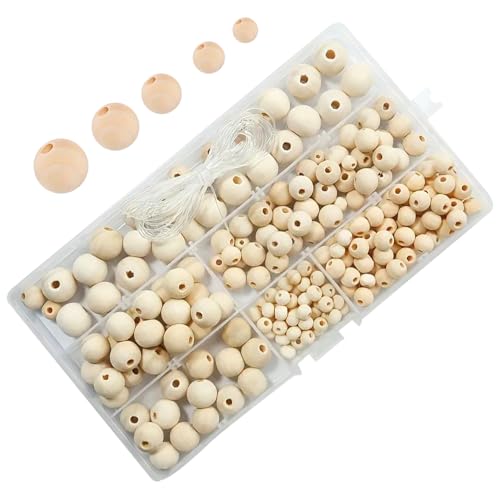 Wooden Beads 220 Pcs Beads for Crafting Wooden Beads for Crafting Wooden Round Craft Beads Balls Natural Wooden Beads Small Wood Bead for Crafts Jewellery Bracelet Making 6/8/10/12/14mm