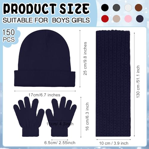 Image of JaGely 150 Pcs Kids Winter Beanies Gloves Scarf Bulk Warm Knit Hat Stretchy Full Fingers Gloves Scarves for Boys Girls