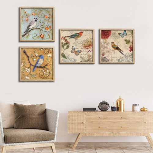 Image of Large Framed Flowers Birds Canvas Wall Art for Bedroom Floral Wall Decor Butterfly Picture Artwork Vintage Prints Paintings for Living Room Bathroom Kitchen Decorations 16 inchx16 inch
