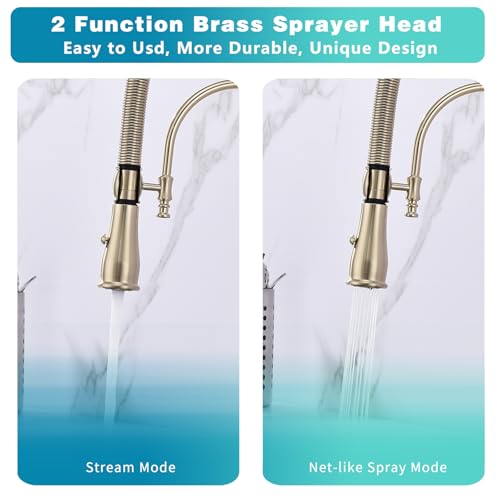 Image of Copper Kitchen Faucet, Single Handle, 360 Swivel High Arc Kitchen Sink Faucet, Brushed Gold Pull Down Kitchen Faucet Solid Brass Handle