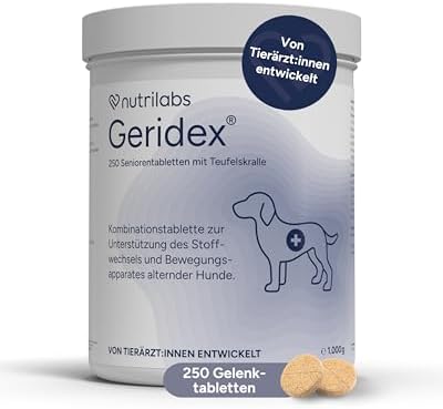 NutriLabs Geridex® Tabletten für Senioren-Hunde 250 STK. - Seniorentabletten für Hunde mit Glucosamin, Weißdorn u.v.m. - Hunde-Nahrungsergänzung - Teufelskralle-Tabletten - MSM-Hun