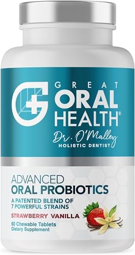 Image of Oral Probiotics for Mouth Bad Breath Treatment for Adults; Dentist Formulated Dental Probiotics for Teeth and Gums, Chronic Halitosis with BLIS K12 M18, Chewable Oral Health Tablets Strawberry Vanilla