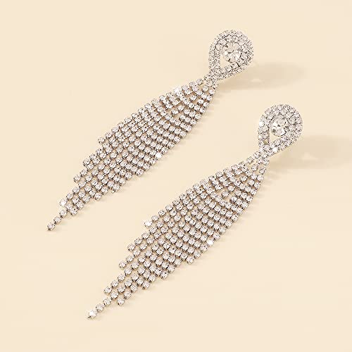 Denifery Teardrop Crystal Chandelier Earrings Long Tassels Dangle Earrings Sparkling Rhinestone Ladies Gifts Statement Earrings Bridal Wedding Jewelry (Silver) #TOP4