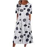 Casual Maxi Dress for Women Womens Maxi Dresses Midi Office Dress Womans Short Sleeve Fall Elegant Comfortable Smocked Patterned Crewneck Tunic Dress Women's White