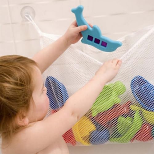Red de almacenamiento para juguetes de baño con ganchos, organizador de malla grande para bañera, red de juguetes para niños de poliéster, secado rápido (blanco, 37 x 37 cm)