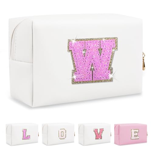Small Initial Patch Makeup Bag Personalized Gifts Make Up Bag,White Cute PU Leather Glitter Letter Cosmetic Bag with Zipper,Trendy Portable Travel Toiletry Pouch,Preppy Stuff for Teen Girls Women W