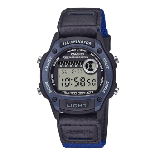 Casio W-220HF-2AVDF - Reloj digital unisex de 37 mm, correa de resina negra y azul, cronómetro, temporizador, alarma, hora dual, resistente al agua hasta 50 m