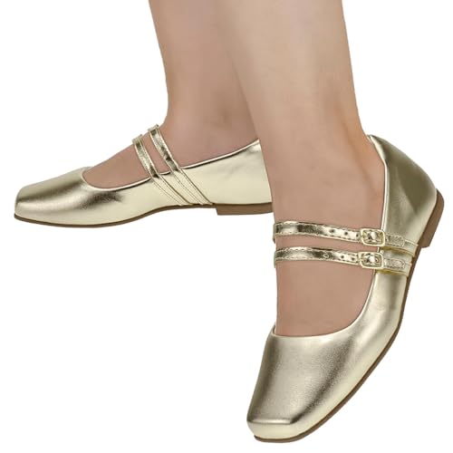 Sapatilha Feminina Boneca Balé Bico Quadrado Sapato Mary Jane Casual Original 190 (Dourado, BR, Adul