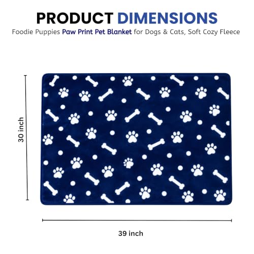 Image of Foodie Puppies Pet Blanket for Dogs & Cats - Navy Blue Paw Print Fleece Blanket, Soft Cozy Washable Cover for Puppies, Kittens & Pets | 39 x 30 Inch