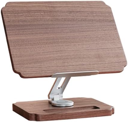 Wood Book Stand for Reading Cookbook Stand Adjustable Tablet & Laptop Stand 360° Swivel Base Hands-Free Book Holder with Front Storage Tray Walnut Reading Stand 34×23cm