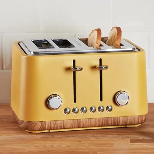 New Contemporary 4 Toaster with Wide Slots, Defrost & Reheat Functions – 1750W High Power, Crumb Tray – Sleek Modern Design in Multiple Colourways M-09 (Yellow)