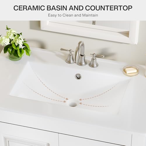 Image of Tribesigns 30 inch Bathroom Vanity with Sink, Freestanding Bathroom Vanities Cabinet with Ceramic Basin Combo, Bathroom Sink Cabinet with 2 Doors and 1 Drawer, Solid Wooden Frame (White, 30 INCH)
