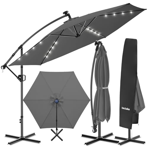 tectake® Parasol déporté, 3,5 x 3,5 m avec Eclairage LED, Pivotant à 360°, Inclinable 90° à 135°, UV 50+, Panneau solaire, Parasol de jardin exterieur,...