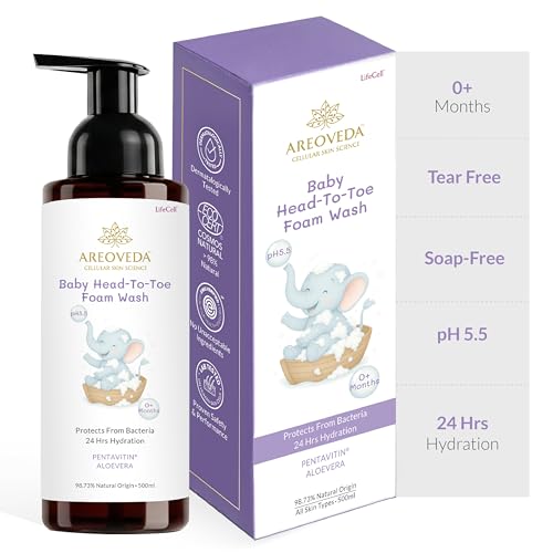 Image of AreoVeda Baby Head-To-Toe Foam Wash With Self-Foaming Pump (500ml) I Tear-Free Baby Wash I 24 Hrs Hydration I pH 5.5 With PENTAVITIN & Aloe Vera I Safe from Day 1 I Lab Tested, Ecocert Certified, EWG Verified
