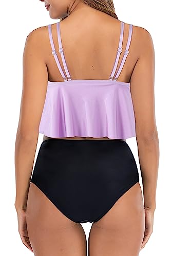 Image of Women High Waisted Bikini Swimsuit Flounce Vintage 2 Piece Bathing Suits | Vintage,tummy control,two piece bathing suits,plus size,swimwear,ruffled,tankini top,bikini bottom