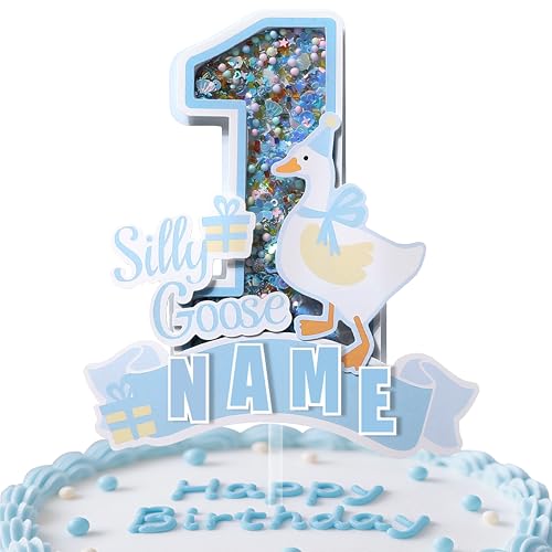 Coucoland Personalized 1st Birthday Cake Topper - Silly Goose & Number 1 3D Glitter with DIY Custom Decor for Party Supplies