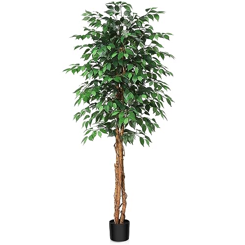 SOGUYI 6ft Artificial Ficus Tree with Natural Wood Trunk, Silk Fake