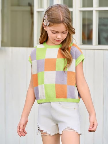 Image of Haloumoning Girls Summer Crop Tops Color Block Vest Cute Tanks Cap Sleeve Tee Loose Kids Knit Top 5-14 Years