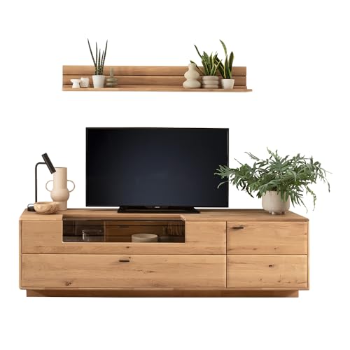 Lomadox Wohnwand Wohnmöbel Set in Eiche massiv geölt 2-teilig, 1 Wandboard, 1 Lowboard