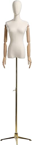 EliteBloom Female Manikin Dress Form with Movable Wood Arm, Adjustable Women Dummy Torso Body with Metal Base, Linen Fabric,Tripod Stand