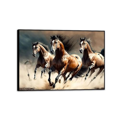 Toile trois chevaux en course cadre noir idéal pour salon moderne