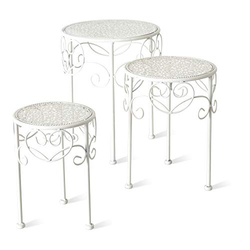Whw Whole House Worlds French Country Shorty Plant Stands, Set Of 3, Round Top, White, Romantic Vintage Style Iron, For Indoor And Outdoor Use, 15, 13, And 11 Inches Tall #TOP5