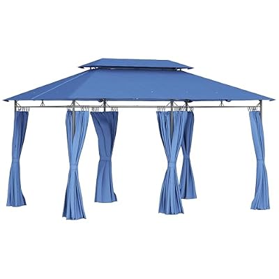 Outsunny 10' x 13' Patio Gazebo, Double Roof Outdoor Gazebo Canopy Shelter with Curtains, Solid Metal Frame for Garden, Lawn, Backyard and Deck, Dark Blue