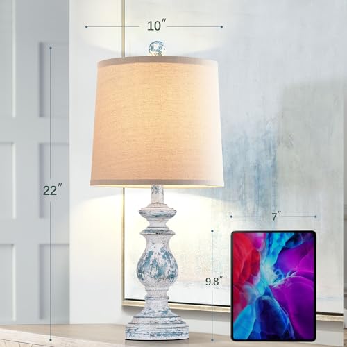 Image of PARTPHONER Traditional Table Lamp Set of 2, Rustic Farmhouse Table Lamps for Living Room Bedroom, 22 inch Bedside Desk Lamps Vintage Nightstand Lamps with Linen Shades, Washed Blue