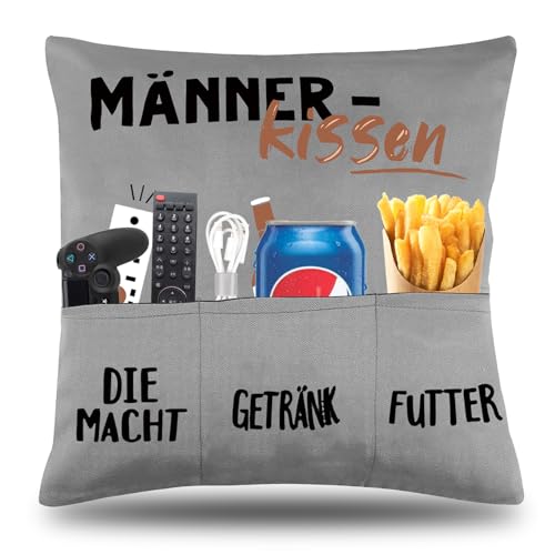 ENAIAH 45x45 cm Originelles Dekokissen Männerkissen Kissenbezug mit 3 Taschen für Bier und Snacks Geschenke für männer für Männer Papa Geschenk zum Geburtstag Vatertag Weihnachten