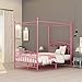 DUMEE Queen Size Metal Canopy Bed Frame Platform Sweet Pink Style Mattress Foundation with Headboard and Footboard Girl Princess Beds Box Spring Replacement Pink