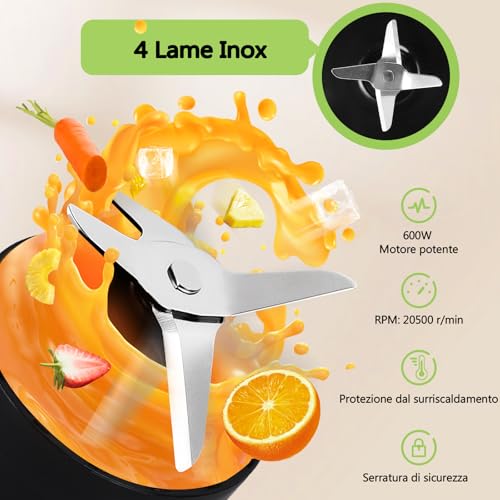 Aigostar Frullatore Portatile, Frullatore Elettrico con borraccia da 2 * 800ml BPA FREE, 2 Velocità e Pulse, 4 Lame Inox, 600W, per Frullati, Trita Ghiaccio e Frutta Congelata. Nero, Baron. - 2