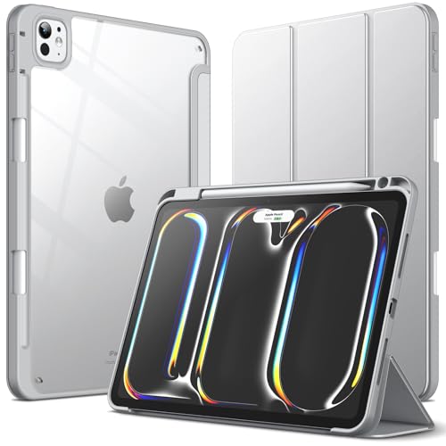 Image of JETech Cover Case for iPad Pro 11-Inch M5 /M4 2025 /2024 (6th /5th Generation) with Pencil Holder, Clear Transparent Back Shell Slim Stand Shockproof Tablet Cover, Auto Wake /Sleep (Silver)