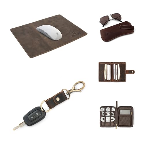 Image of Goatter Genuine Leather Gift Hamper for Men, Wallet, Travel Organizer, Sunglass Case, Mouse Pad and Key Chain, (Set of 5 Gift Set)