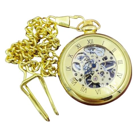plyrmonth Golden Uncovered Mechanical Hollow Pocket Watch with Roman Numeral Dial, Automatic Pocket Watch with Chain, Suitable for Both Men and Women, Birthday and Holiday Gifts. Cover