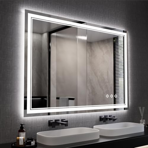 Image of Bathroom Mirror, 44x30 Inch Gradient Front and Backlit Smart Mirror, 3 Colors Dimmable CRI>90 Double Lights, IP54 Enhanced Anti-Fog, Hanging Plates Wall Mount LED Mirror