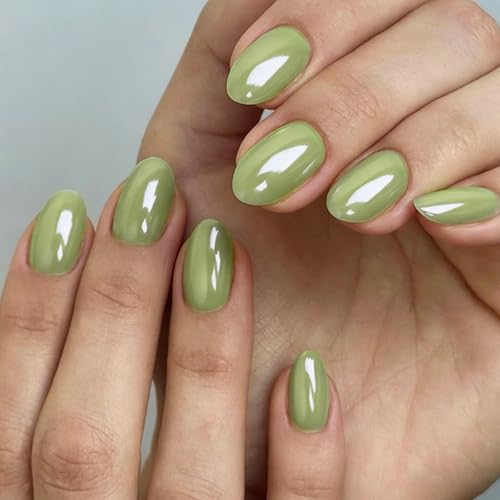 CUZIAM Sage Green Chrome Press on Nails Short Oval