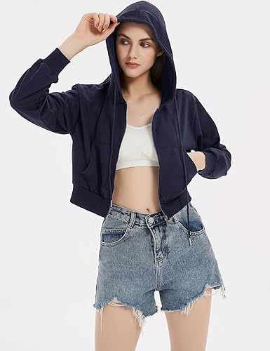 Image of Casual Wear Solid Crop Zipper Jacket Hooded Neck Full Sleeves with Kangaroo Pocket Hoodie for Women
