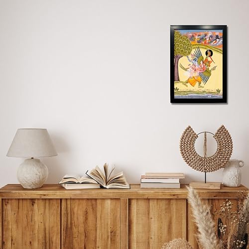 Image of Kagaz Kala - Vintage Art Prints - Hindu God Photos with Frames For Pooja Room Bedroom Living Room Decor Gifts Framed (Vishnu, Garuda with Lakshmi)