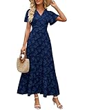 Damen-Maxikleid im Boho-Stil, Blumenmuster, elegant, Wickelkleid, V-Ausschnitt, kurze Flatterärmel, fließend, gestuft, A-Linie, Sommer, Strand, Hochzeit, Gästekleid, Marineblau, Groß