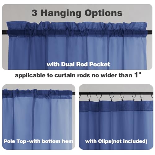 Image of Chyhomenyc Sheer Valances for Windows 2 Pack, Small Window Curtains for Living Room Bathroom Laundry Basement, Modern Top Dual Rod Pocket Voile Curtain, 42W x 14L inches, 2PCS, Royal Blue