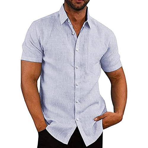 COOFANDY Men's Casual Button Down Shirts Short Sleeve Linen Shirts Summer Beach Dress Shirt Men Small Linen - Flecking Light Blue
