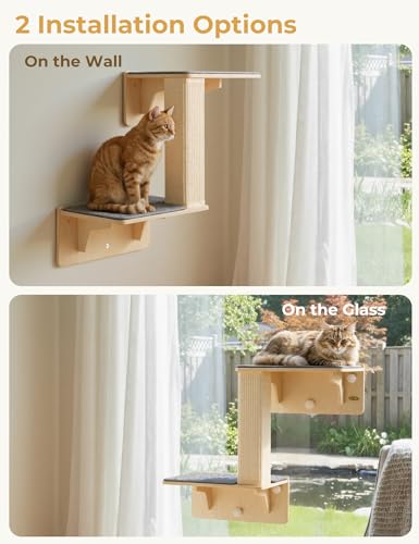 Image of Pecute Double Cat Shelves with Scratching Post for Wall & Window | Solid Wood Frame, Strong Suction Cups, Washable Cover Mat, Cats Perch Bed for Birds Watching Inside, Indoor Cat Hammock Bed