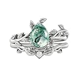 Seiyang Natural Moss Agate Ring 925 Sterling Silver Green Teardrop Moss Agate Ring Set Promise Ring Engagement Wedding Jewelry Gift for Women #8