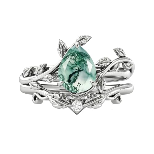 Seiyang Natural Moss Agate Ring 925 Sterling Silver Green Teardrop Moss Agate Ring Set Promise Ring Engagement Wedding Jewelry Gift for Women #8.5